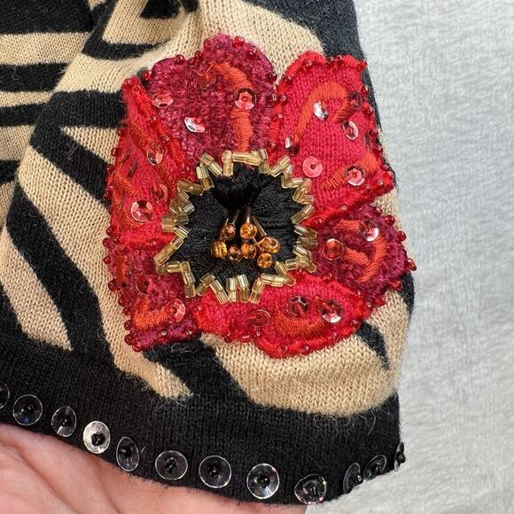 Vintage XL Cardigan Sequin Poppy Flowers Zebra Print Button Jack B. Quick Classy - Picture 5 of 16